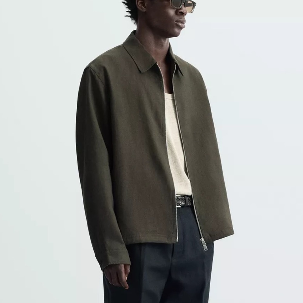 Zara men’s 100% linen over shirt zip up in dark khaki sz Large